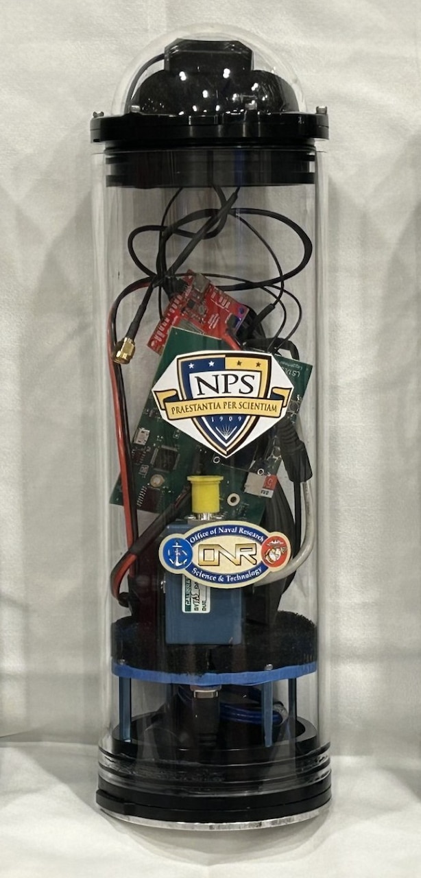 Invented by NPS faculty Benjamin Reeder, the cryophone shown on the left can detect soundwaves traveling though the ice. (Courtesy photo from Benjamin Reeder)