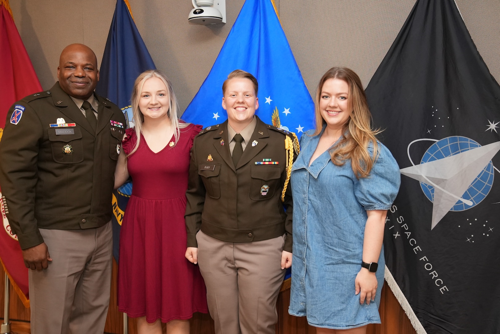 DLA Troop Support Commander Army Brigadier General Landis Maddox stands with Abigail Gillette, Army Captain Shannon Duley and Bryana Duley. Duley was promoted to Captain on June 6, 2025, during a ceremony in Philadelphia. Photo by Edward Maldonado