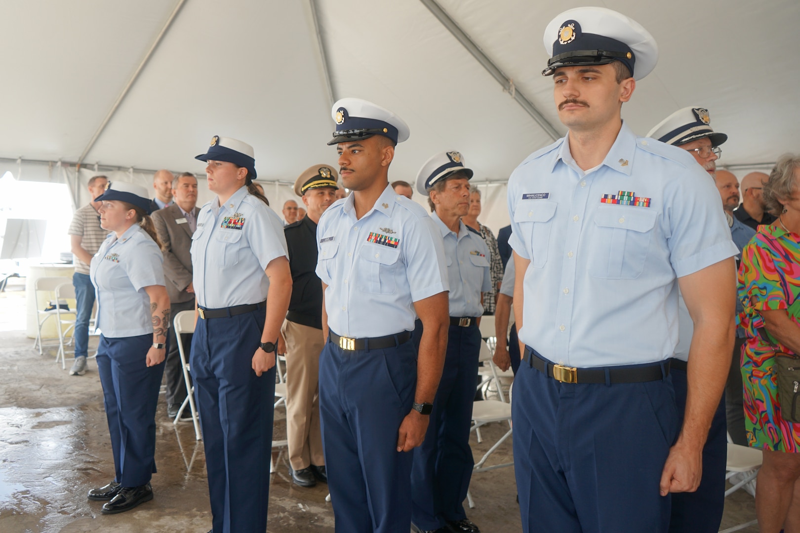 Coast Guard Cutter Stone (WMSL 758) crew members await the arrival of Coast Guard Atlantic Area Command and Stone leadership during the cutter's change-of-command ceremony in North Charleston, South Carolina, June 5, 2025. Capt. Anne O’Connell relieved Capt. Jonathan Carter as the fourth commanding officer of Stone during the ceremony, which was presided over by Vice Adm. Nathan A. Moore, commander, Coast Guard Atlantic Area. (U.S. Coast Guard photo by Ensign Sarah Pearson)
