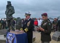 Adm. Stuart B. Munsch, commander of U.S. Naval Forces Europe (NAVEUR), delivered remarks at the Lone Sailor Ceremony in Utah Beach, France during the 81st commemoration of the D-Day landings, June 5, 2025.