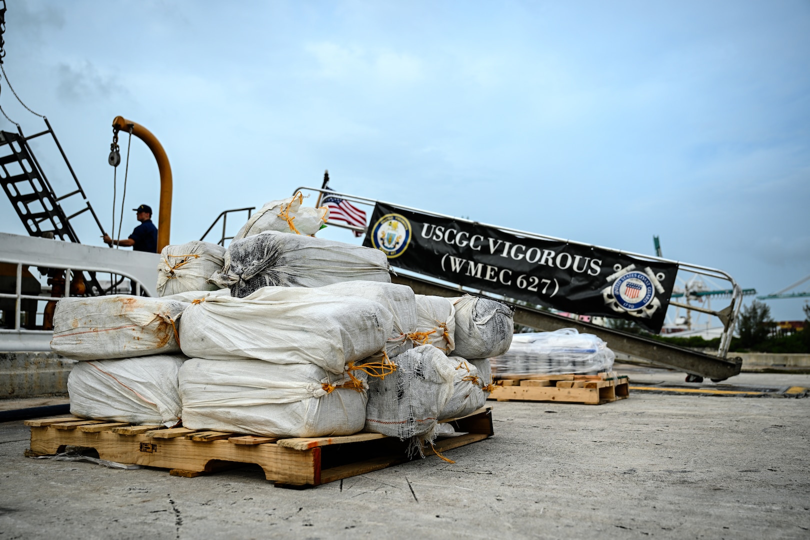 Drugs offloaded from USCGC Vigorous sit on pallets at Coast Guard Base Miami Beach