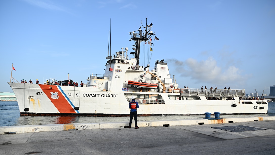 A Coast Guard cutter moors at a Port Everglades pier