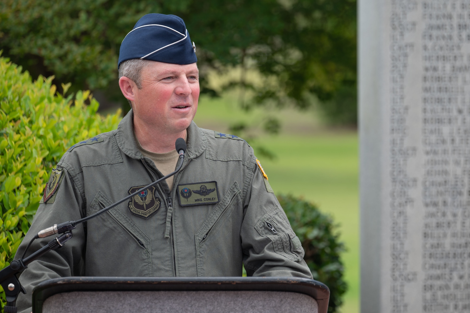Lt. Gen. Michael Conley, AFSOC commander, gives remarks during a ceremony celebrating AFSOC’s 35th anniversary.