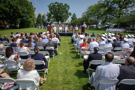 Friends, family, and coworkers, attend a Surface Ship Maintenance, Modernization, and Sustainment (SEA 21) change of office ceremony at the Washington Navy Yard’s Leutze Park, June 6. During the ceremony, Rear Adm. William Greene was relieved by Rear Adm. Andrew Biehn. SEA 21 is the dedicated life cycle management organization for the Navy's in-service surface ships and is responsible for managing critical modernization, maintenance, training and inactivation programs