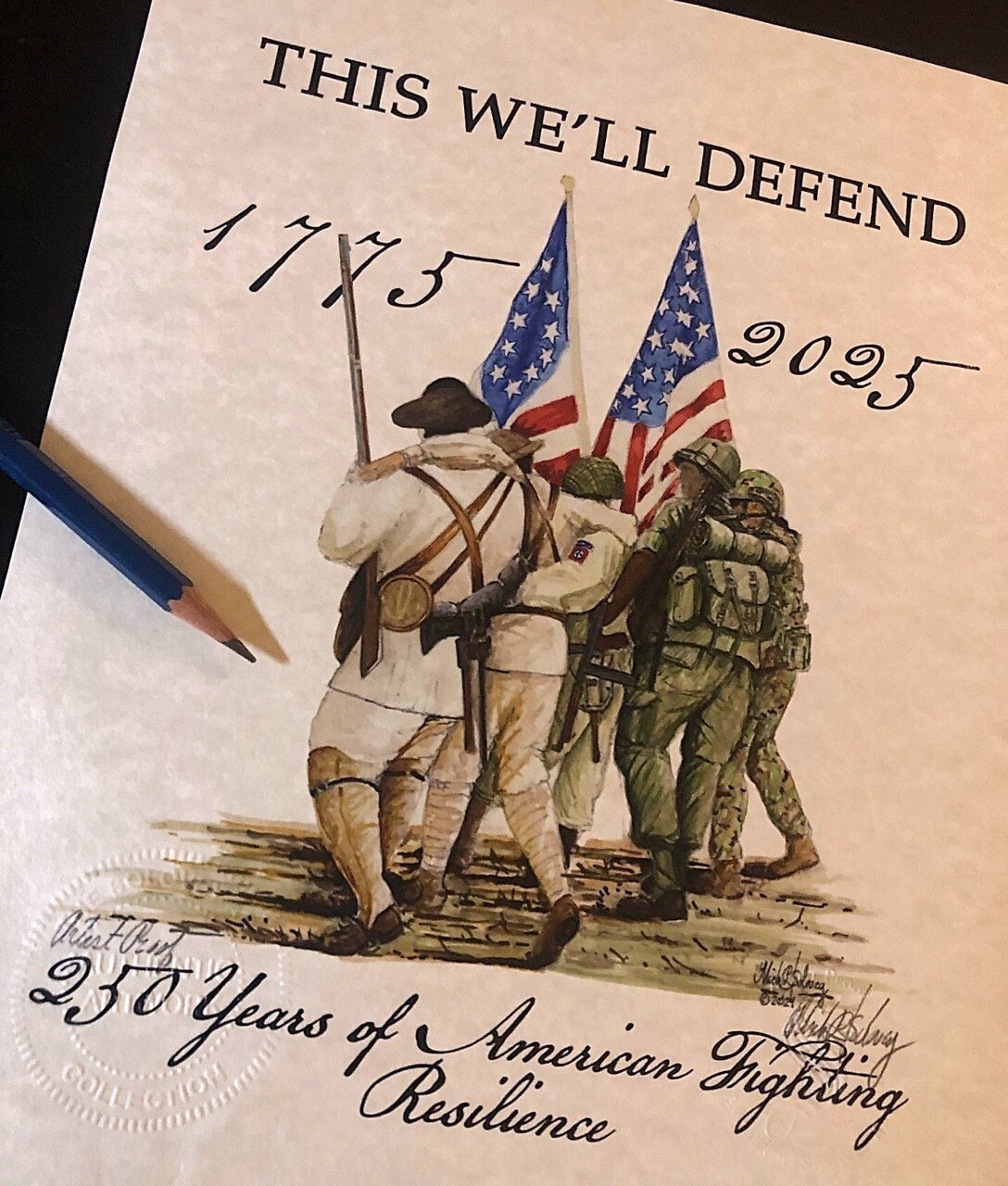 An illustration depicts four soldiers in historical uniforms carrying U.S. flags. The words on the illustration read, "This we'll defend 1775-2025" and "250 years of American fighting resilience."