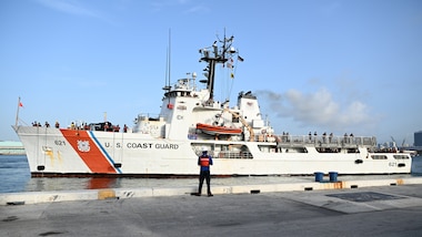 A Coast Guard cutter moors at a Port Everglades pier