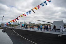 PORTLAND, Ore. (June 5, 2025) – Guests receive a ship tour aboard the Arleigh Burke-class guided-missile destroyer USS Jack H. Lucas (DDG 125) during Portland Fleet Week as part of the 118th Rose Festival, June 5, 2025. Portland Fleet Week is a time-honored celebration of the sea services and provides an opportunity for the citizens of Oregon to meet Sailors, Marines and Coast Guardsmen, as well as witness firsthand the latest capabilities of today’s maritime services. (U.S. Navy Photo by Mass Communication Specialist Seaman Jordan Steis)