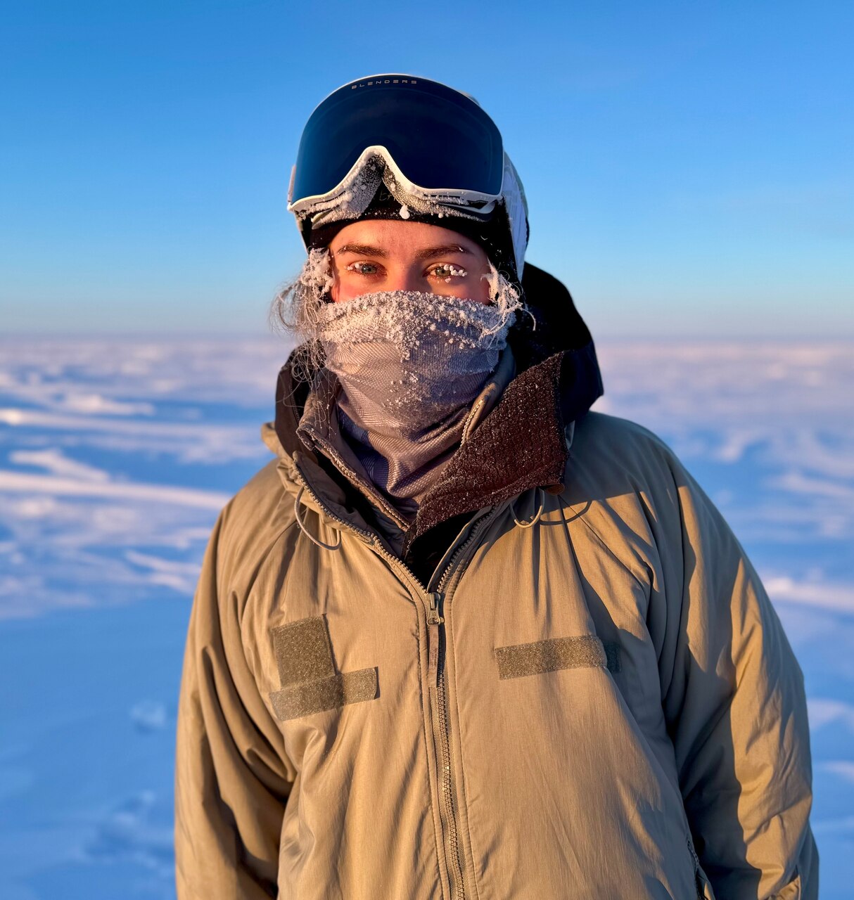 Though the weather conditions were ideal for the cryoacoustics measurements, the subzero temperature frosted the breath of U.S. Navy Lt. and METOC officer-scholar Caroline Kelly. (Courtesy photo from William Jenkins, Scripps Institution of Oceanography)