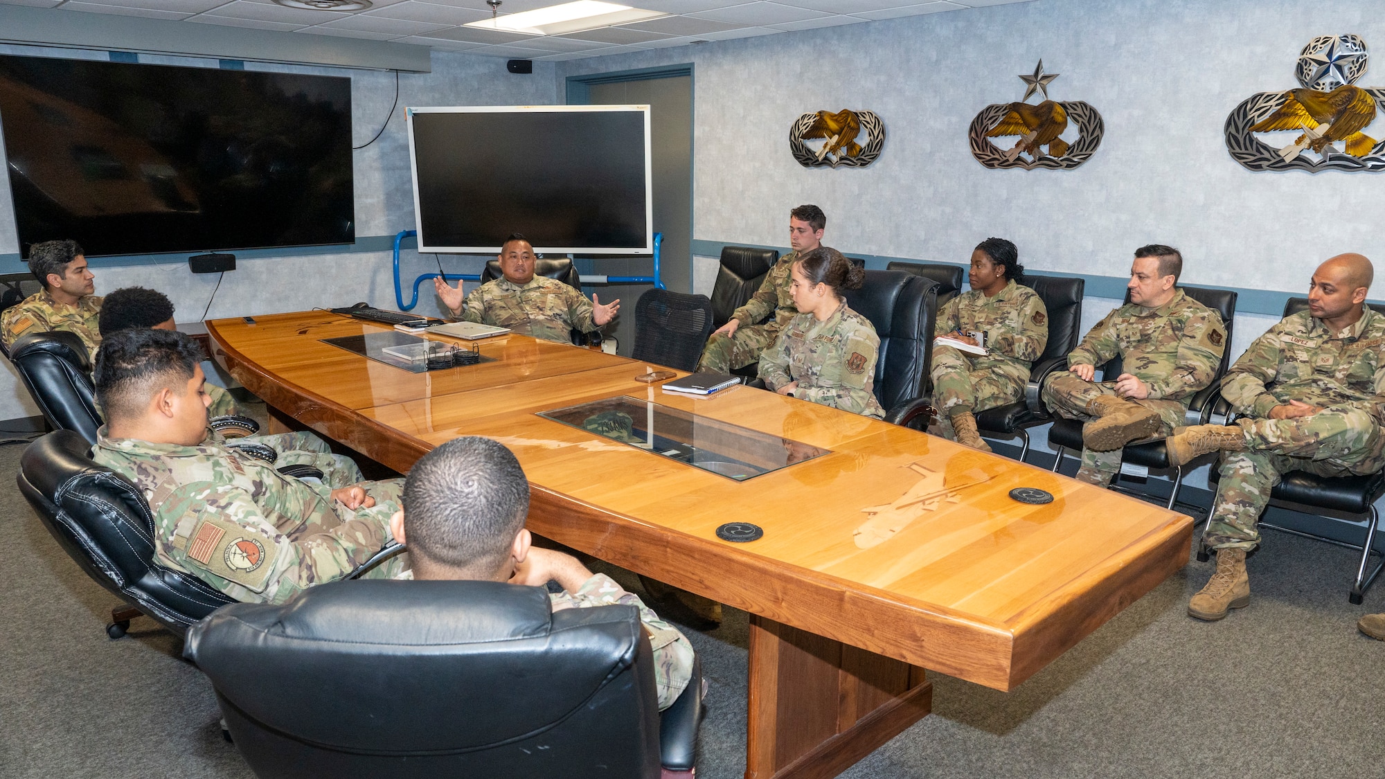 Senior Master Sgt. Sydney Agag, specialist section chief with the 514th Aircraft Maintenance Squadron, completes his final temporary duty during an annual tour at Kadena Air Base, Japan, April 7, 2025. This final TDY was poetic for Agag, as he also began his 36 year career at Kadena AB.