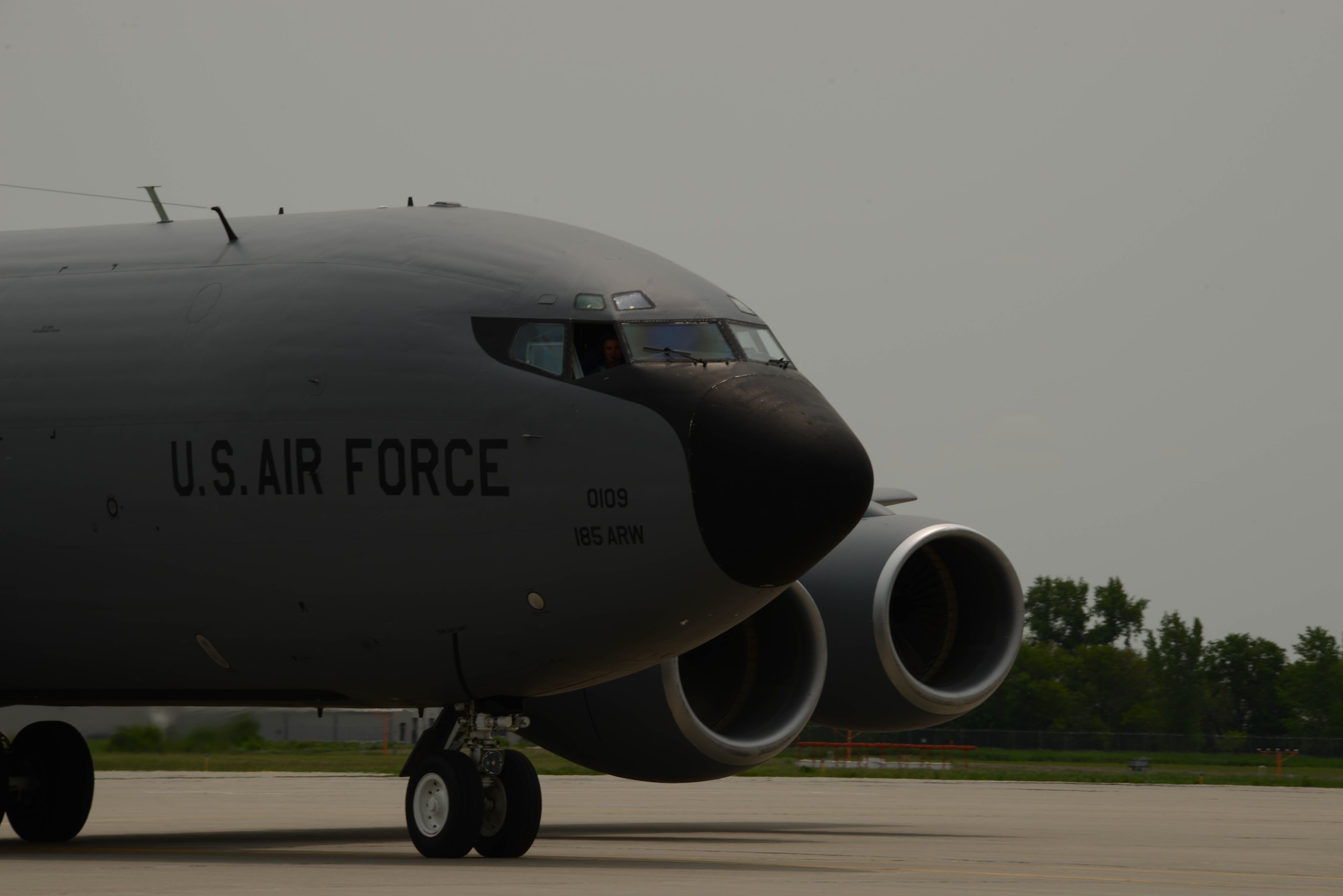 A U.S. Air Force KC-135 Stratotanker of the 185th Air Refueling Wing returns to the unit