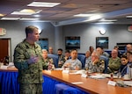 250530-N-WM182-1048 SYDNEY (May 30, 2025) Vice Adm. Fred Kacher, commander, U.S. 7th Fleet, addresses naval leaders from Australia, Canada, France, Japan, the Republic of Korea, New Zealand, the Philippines, and the U.S. aboard the 7th Fleet flagship USS Blue Ridge (LCC 19) during the Fleet Commanders' Round Table in Sydney while the ship conducts a scheduled port visit, May 30, 2025. 7th Fleet is the U.S. Navy's largest forward-deployed numbered fleet, and routinely interacts and operates with allies and partners in preserving a free and open Indo-Pacific region. (U.S. Navy Photo by Mass Communication Specialist 1st Class Caitlin Flynn)
