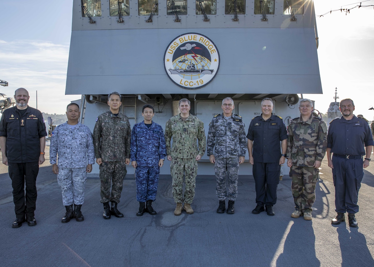 250530-N-WM182-1013 SYDNEY (May 30, 2025) Naval leaders from Canada, the Philippines, Korea, Japan, Australia, New Zealand, and France meet aboard the U.S. 7th Fleet flagship USS Blue Ridge (LCC 19) for the Fleet Commanders' Round Table in Sydney while the ship conducts a scheduled port visit, May 30, 2025. 7th Fleet is the U.S. Navy's largest forward-deployed numbered fleet, and routinely interacts and operates with allies and partners in preserving a free and open Indo-Pacific region. (U.S. Navy Photo by Mass Communication Specialist 1st Class Caitlin Flynn)