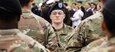 Sgt. 1st Class Taylor Prohammer, noncommissioned officer in charge of the V Corps Color Guard, stands in formation during the Allied Ceremony at the Eisenhower Statue in Bayeux, France, June 5, 2025. The event highlighted the enduring strength of multinational military cooperation forged on D-Day and carried forward through modern Allied partnerships. (U.S. Army photo by Sgt. Tyler Brock)
