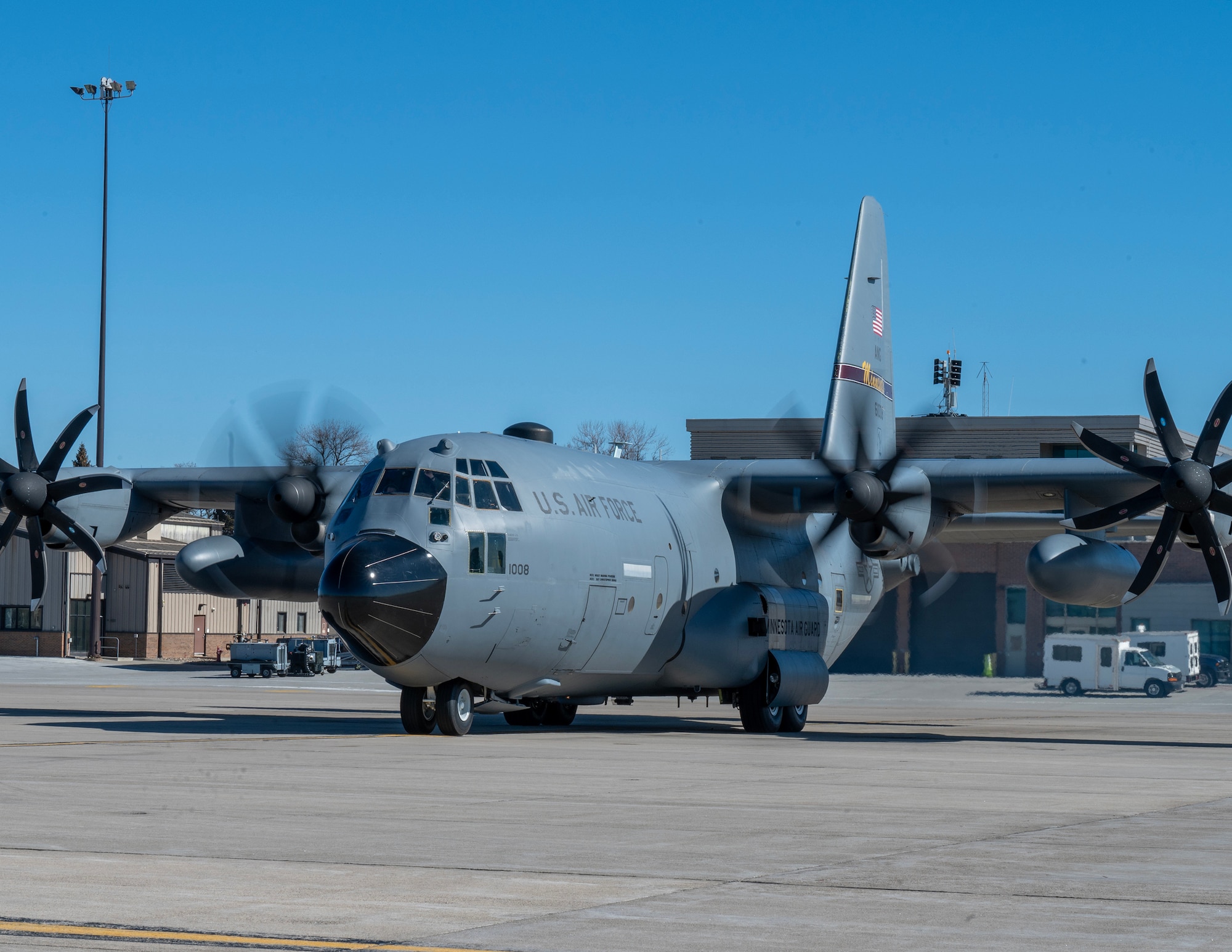 U.S. Air Force C-130 Hercules taxis on the ramp of the 133rd Airlift Wing in St. Paul, Minn., March 1, 2025.