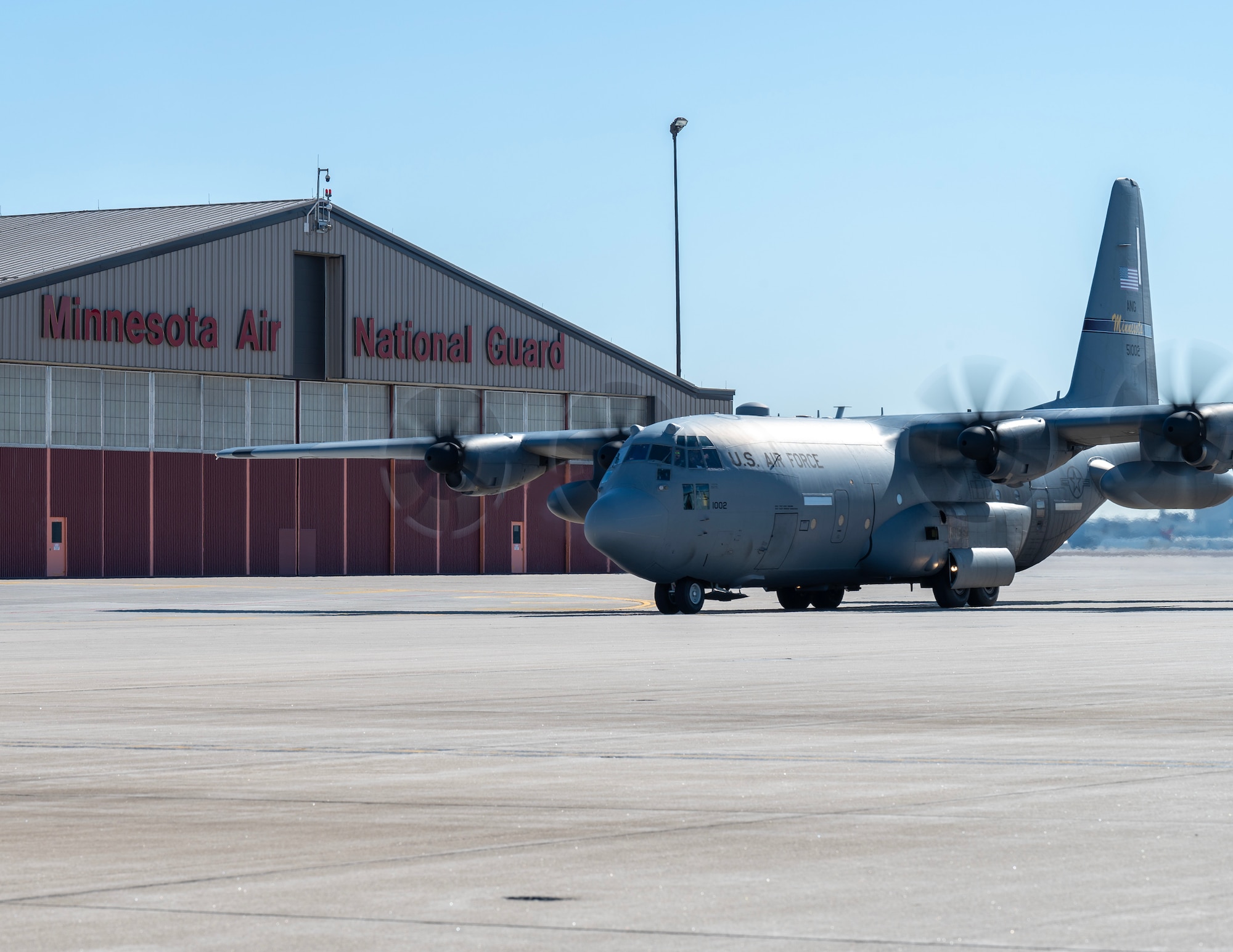 U.S. Air Force C-130 Hercules taxis on the ramp of the 133rd Airlift Wing in St. Paul, Minn., March 1, 2025.