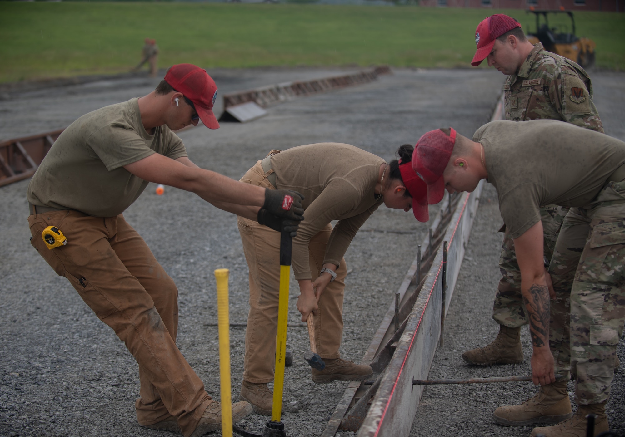 Airman from various civil engineering specialties construct a Rapid Airfield Damage Repair system at Fort Indiantown Gap, Pennsylvania, June 6, 2025.