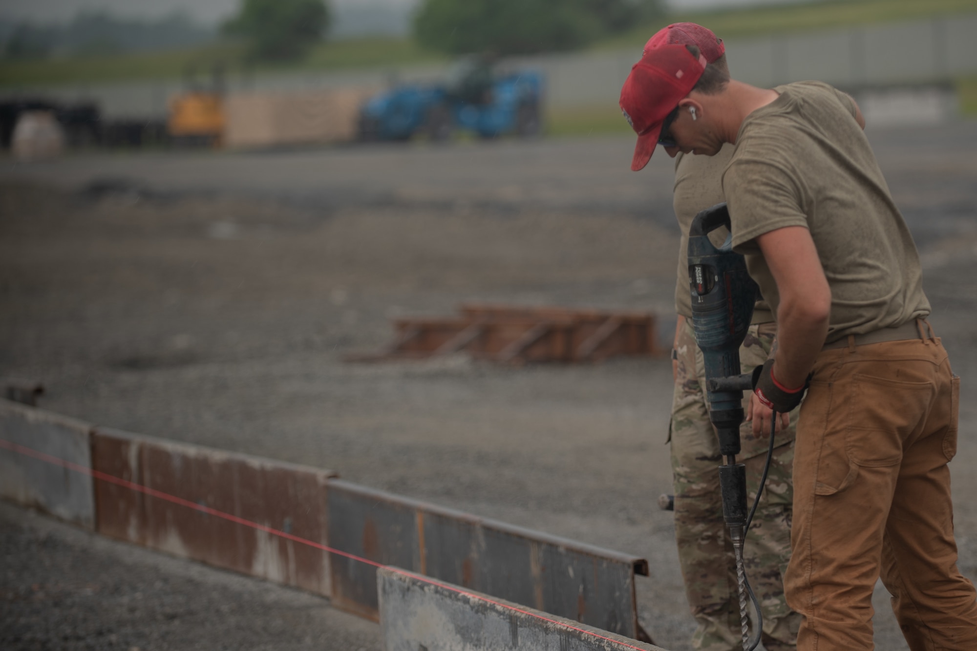 Airmen from various civil engineering specialties construct a Rapid Airfield Damage Repair system at Fort Indiantown Gap, Pennsylvania, June 7, 2025.
