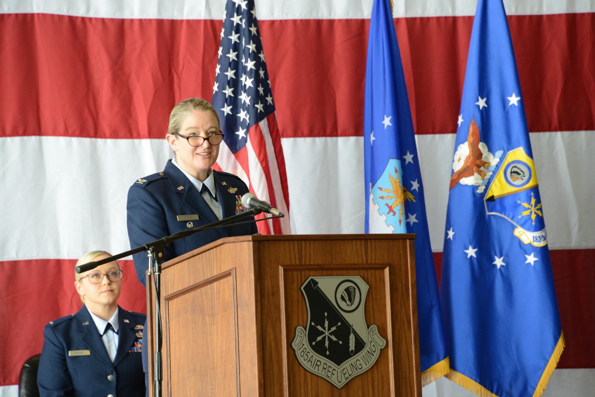 U.S. Air National Guard Col. Sonya Morrison, outgoing 185th Air Refueling Wing Commander, speaks