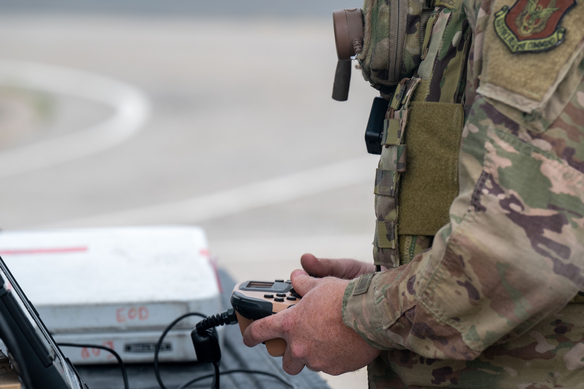 Staff Sgt. Alec Dyer, 419th Fighter Wing Civil Engineering Squadron, operates a robotic system to safely observe an improvised explosive device during an exercise at Hill Air Force Base, Utah, May 5, 2025.