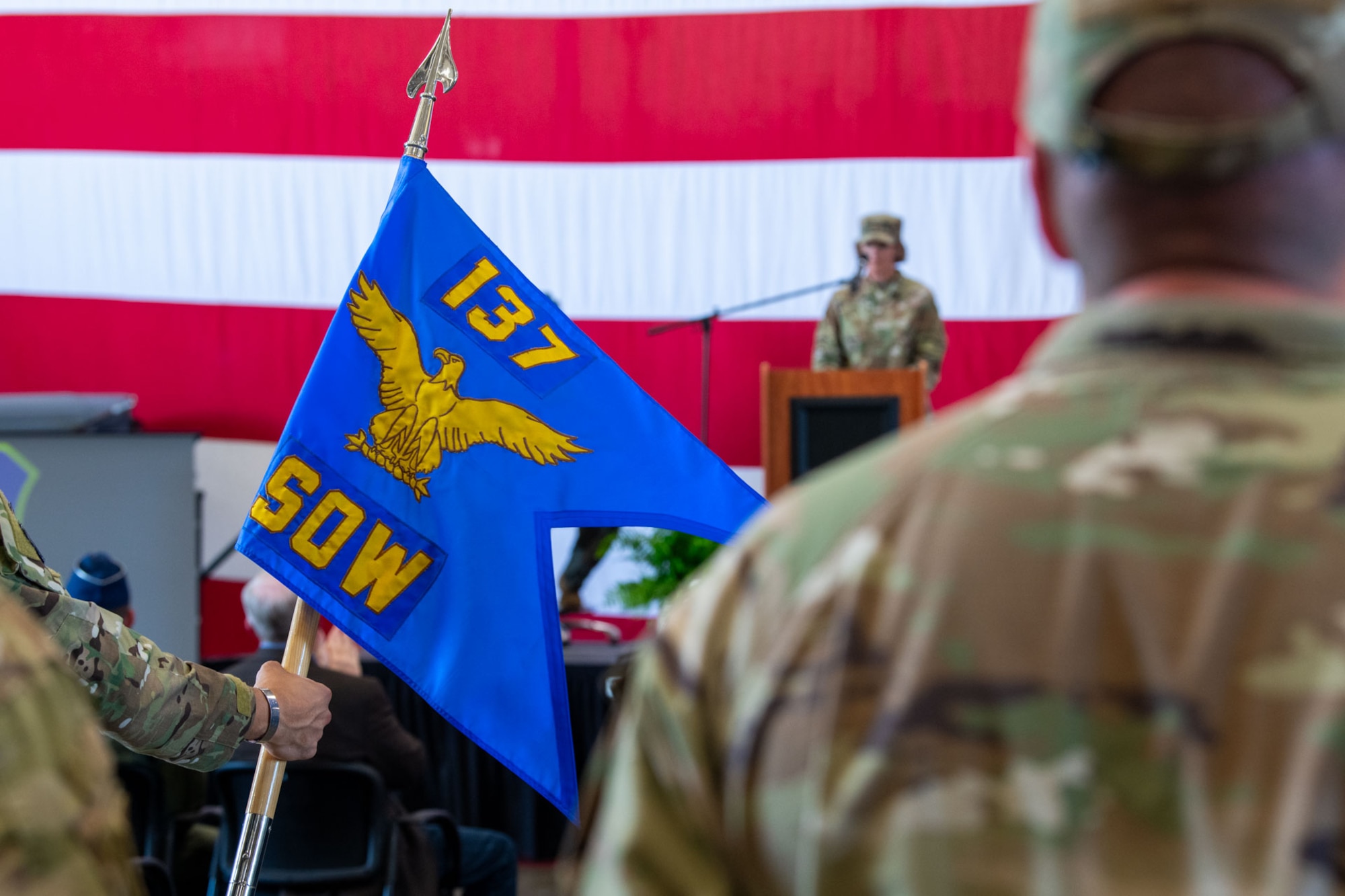 A guidon is held during a military ceremony