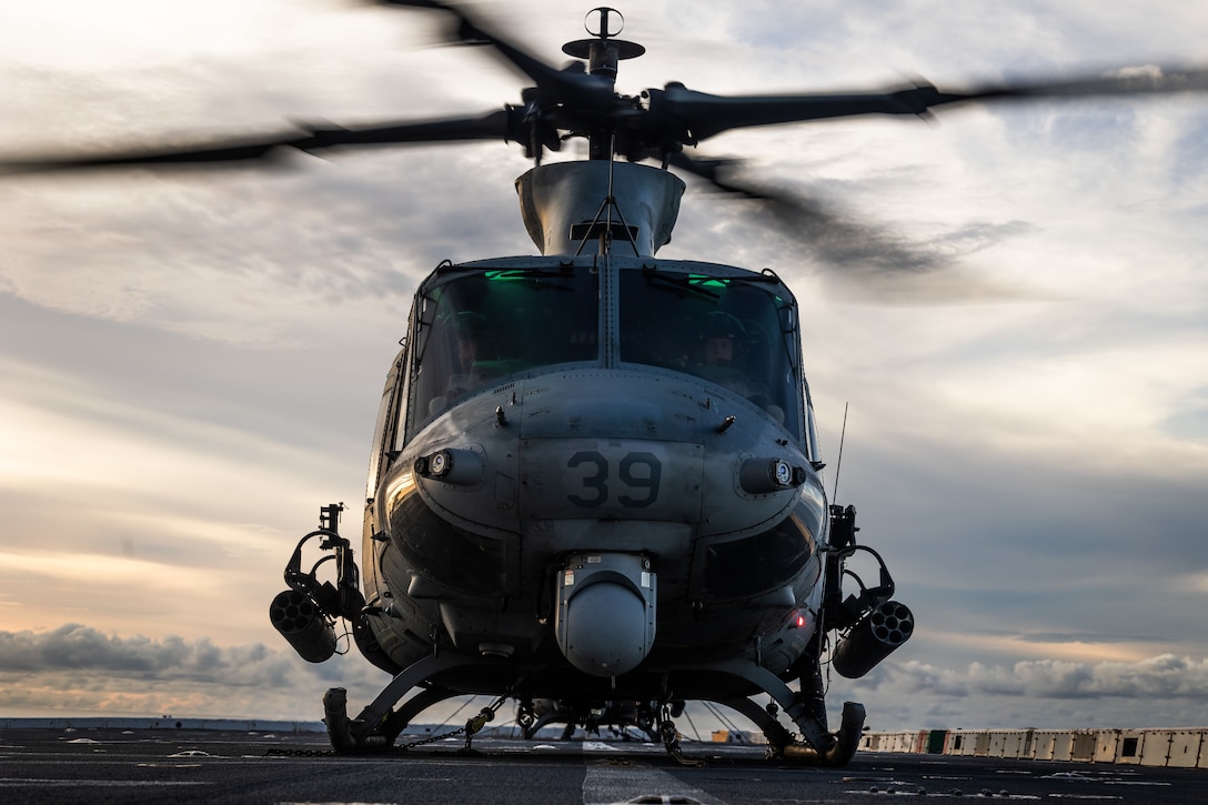A U.S. Marine Corps UH-Y1 Venom helicopter assigned to Marine Medium Tiltrotor Squadron (VMM) 265 (Rein.), 31st Marine Expeditionary Unit, prepares to take off during flight operations aboard amphibious transport dock USS San Diego (LPD 22), in the Philippine Sea, June 6, 2025.
