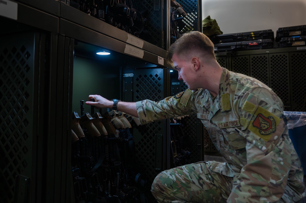 U.S. Air Force Airman 1st Class Zachary Braley, 35th Security Forces Squadron armorer, restacks and stores a patrolman's M4 carbine at Misawa Air Base, Japan, June 5, 2025.