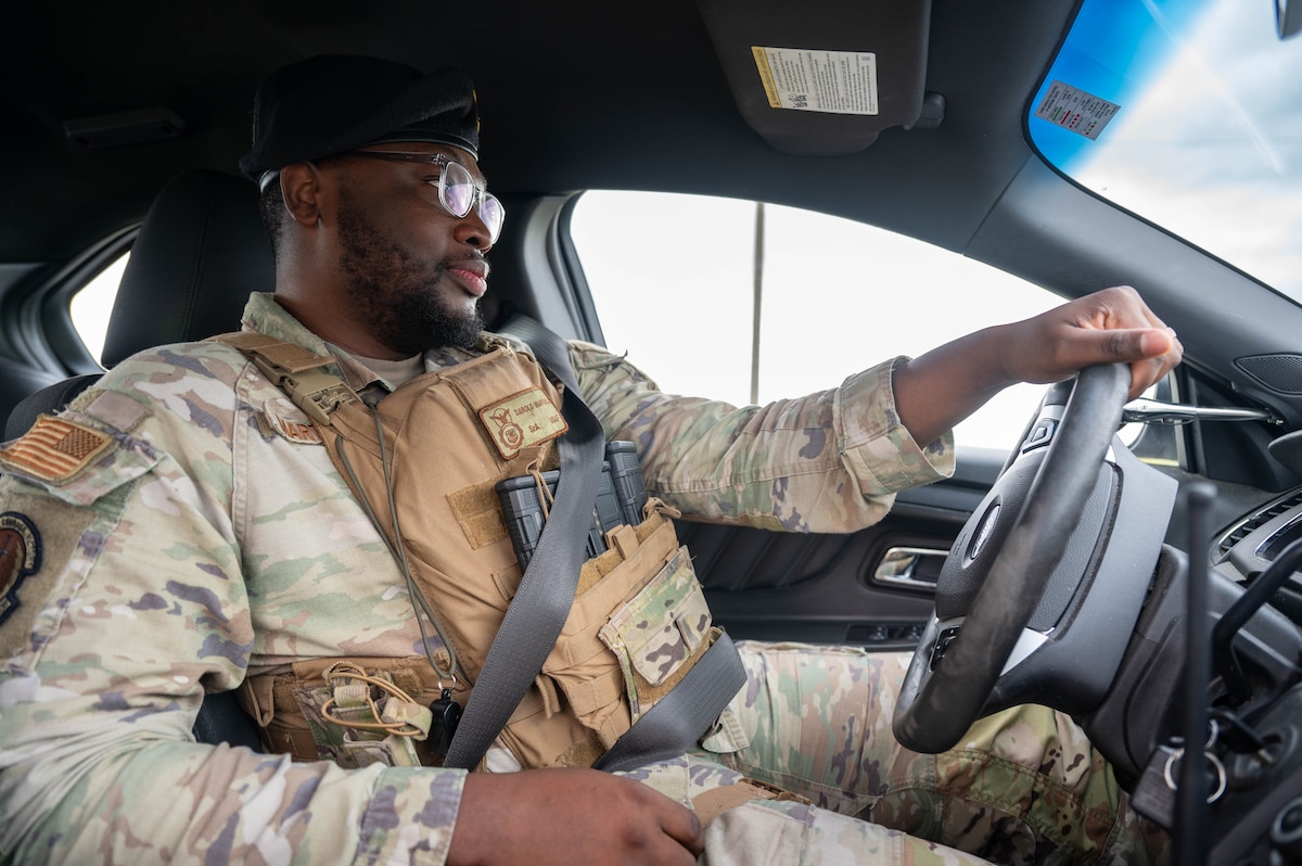U.S. Air Force Senior Airman Darold Martinez, 35th Security Forces Squadron patrolman, patrols in a police cruiser at Misawa Air Base, Japan, June 5, 2025.