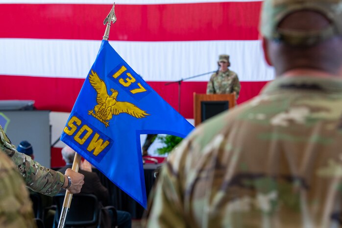 A guidon is held during a military ceremony
