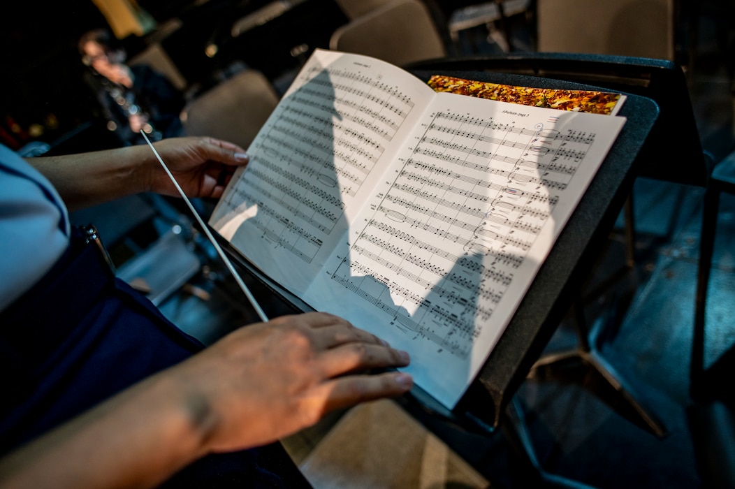 U.S. Air Force 2nd Lt. Nicolas Ayala Ceron reviews his music during a fine arts festival for the Middle East at the American School of Doha, in Qatar, May 17th, 2025.