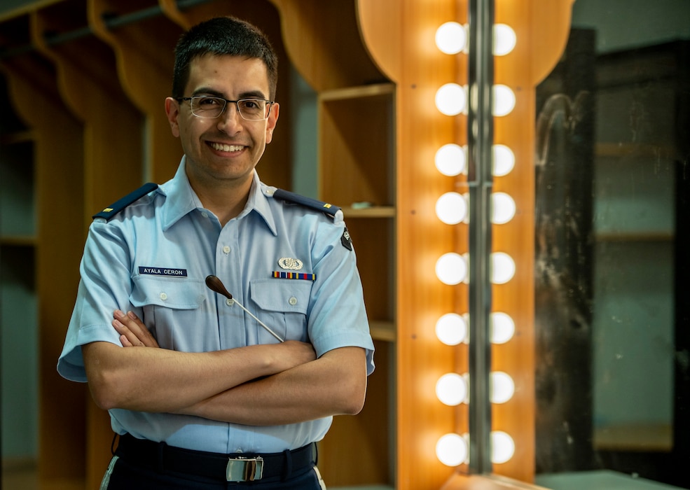 U.S. Air Force 2nd Lt. Nicolas Ayala Ceron stands for a portrait before conducting a student band during a fine arts festival for the Middle East at the American School of Doha, in Qatar, May 17th, 2025.