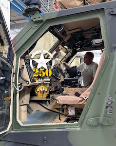 Massimo Carpina is the Army Field Support Battalion-Africa deputy support operations officer at Leghorn Army Depot in Livorno, Italy. Pictured here, Massimo verifies a recently received mine-resistant ambush protected vehicle from the field. As the Army celebrates its 250th birthday, Massimo prepares to retire after 41 years of Army service. (U.S. Army courtesy photo)