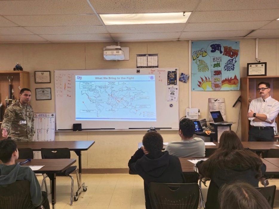 (From left to right) Master Sgt Steven Perez and Tech. Sgt. Raul Lara, 38th Intelligence Squadron, speak to cadets from West High School’s Junior Reserve Officers’ Training Corps program during a mentorship event in Tracy, California, April 25, 2025. The visit highlighted pathways into the Air Force Reserve and careers in STEM fields. (Courtesy Photo)