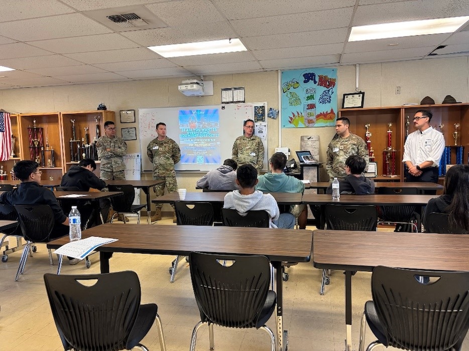 (From left to right) Master Sgt. Rafael Recinos, Staff Sgt. Thompson, Master Sgt. Aaron Tobler, Master Sgt. Perez and TSgt Raul Lara, 38th Intelligence Squadron, answer questions from cadets in the West High School Junior Reserve Officers’ Training Corps program during a mentorship event in Tracy, California, April 25, 2025. The visit highlighted pathways into the Air Force Reserve and careers in STEM fields. (Courtesy Photo)