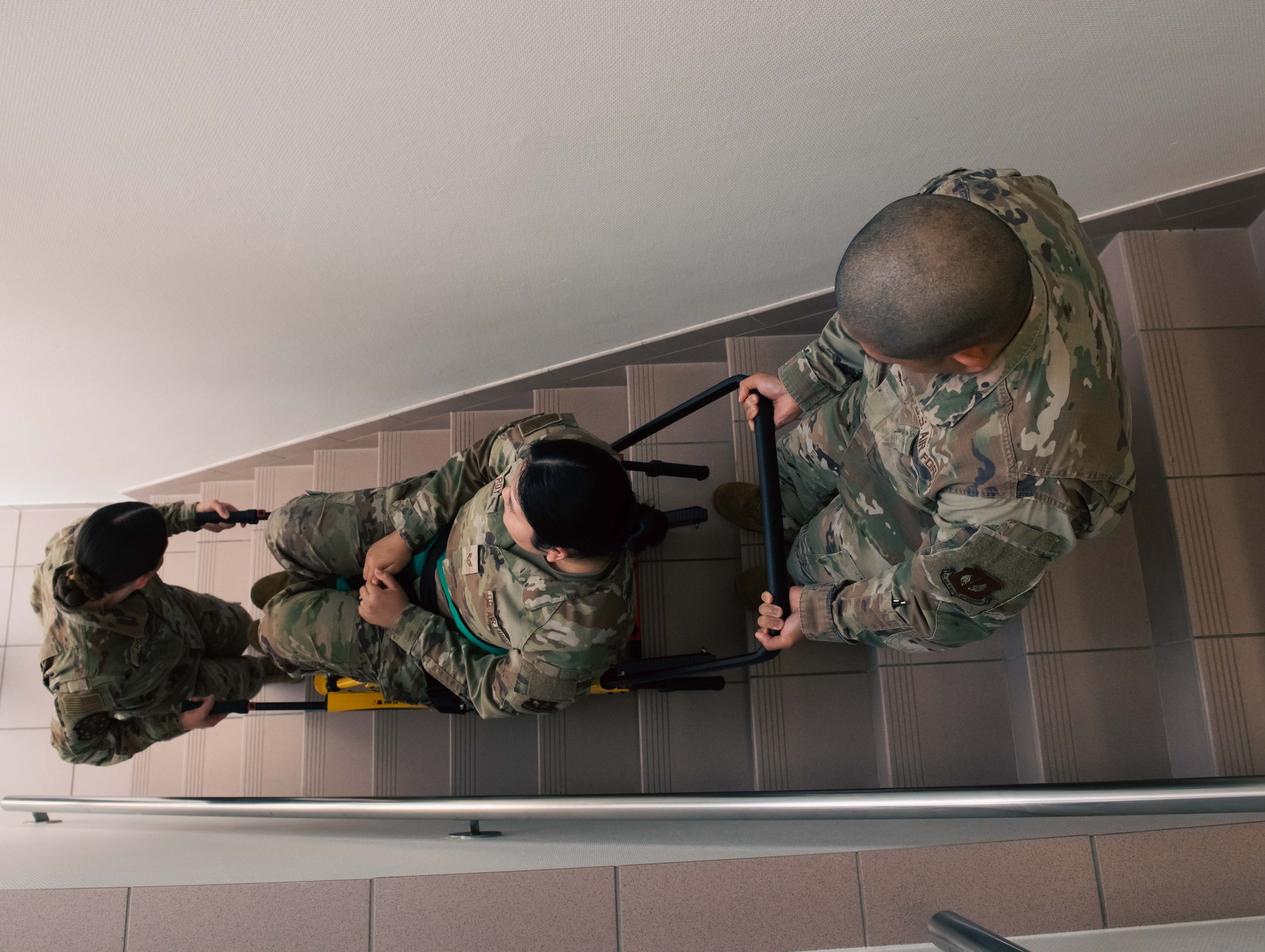 U.S. Airmen assigned to the 86th Operational Medical Readiness Squadron simulates a patient care scenario at Ramstein Air Base, Germany, June 2, 2025.  Medical professionals trained  critical skills to ensure optimal patient care and job knowledge retention. (U.S. Air Force photo by Senior Airman Sabrina Fuller-Judd)