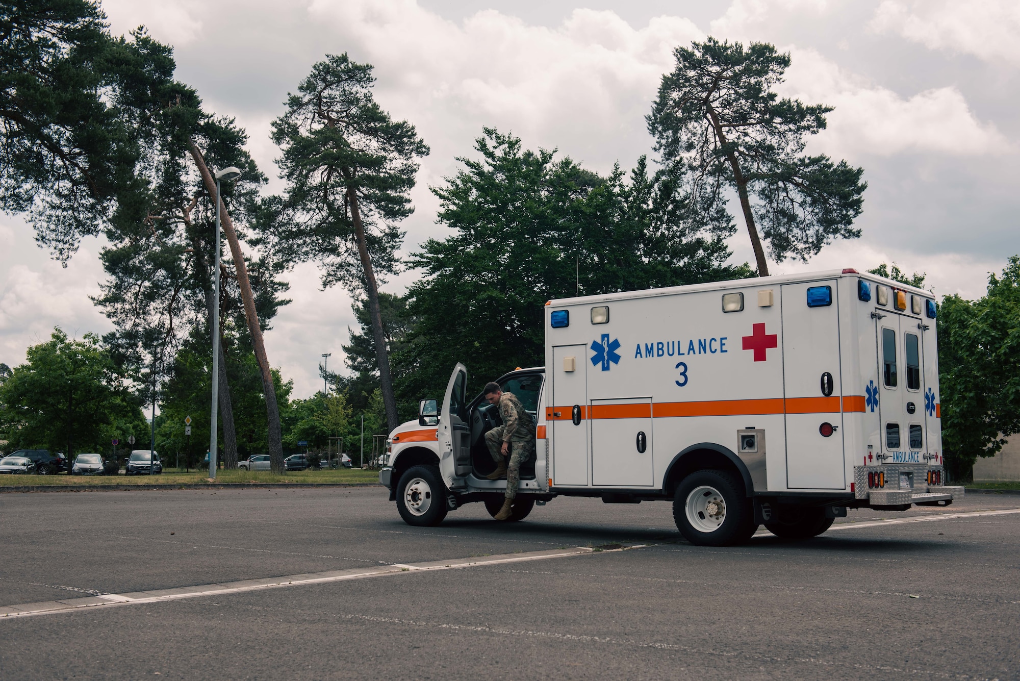 A U.S. Air Force flight and operational medical technician assigned to the 86th Operational Medical Readiness Squadron, parks an ambulance vehicle at Ramstein Air Base, Germany, June 3, 2025. The 86th OMRS motto ‘keep ‘em flying’ means to ensure the mental and physical health of personnel are taken care of. (U.S. Air Force photo by Senior Airman Sabrina Fuller-Judd)