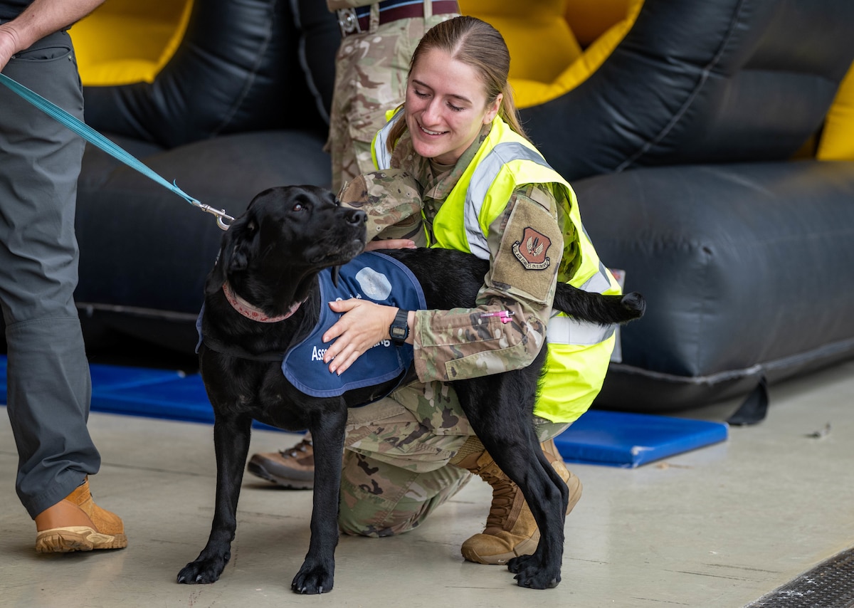 U.S. Air Force 1st Lt. Claire Stewart, 100th Logistics Readiness Squadron vehicle management deputy flight commander, pets a therapy dog during the Joan Mann Special Sports Day at RAF Mildenhall, England, June 5, 2025.