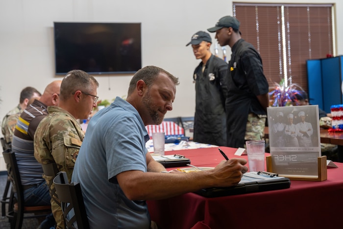 Judges score a dish prepared by Airmen during the Chisholm Trail Inn Dining Facility SHEF (Salute Hospitality Epicurean Faceoff) competition at McConnell Air Force Base, Kansas, June 4, 2025. Guest judges, including senior leaders and Ronnie Price, mayor of Andover, Kansas, evaluated each team on taste, sanitation, and creativity. (U.S. Air Force photo by Airman 1st Class Paula Arce)