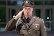 Army Spc. Darian Smith, a member of the U.S. Army Central Best Squad, renders a salute at Patton Hall on Shaw Air Force Base, S.C., May 6, 2025.