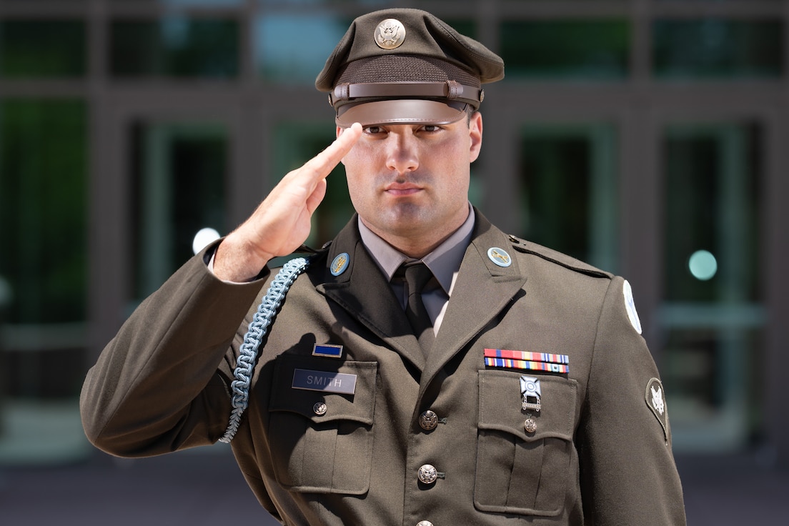 Army Spc. Darian Smith, a member of the U.S. Army Central Best Squad, renders a salute at Patton Hall on Shaw Air Force Base, S.C., May 6, 2025.