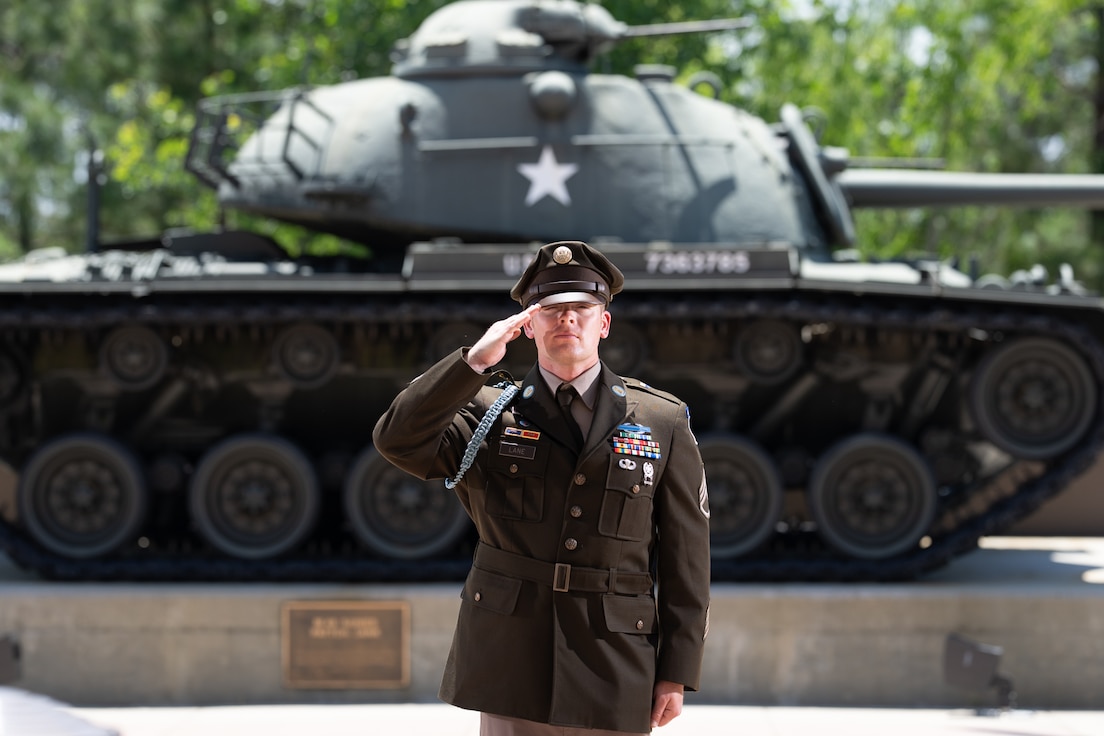 Staff Sgt. James Austin Lane, squad leader of U.S. Army Central’s 2025 Best Squad team, renders a salute at Patton Hall, Shaw Air Force Base, S.C., May 2, 2025.