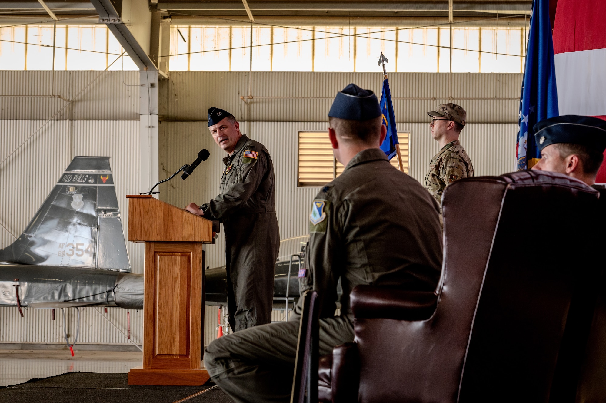 Airmen of the 434th Flying Training Squadron (FTS) gathered to bid farewell to Lt. Col. Christopher Cherry and welcome Lt. Col. Bendel Rushing as the new squadron commander during a change of command ceremony held here June 6, 2025.