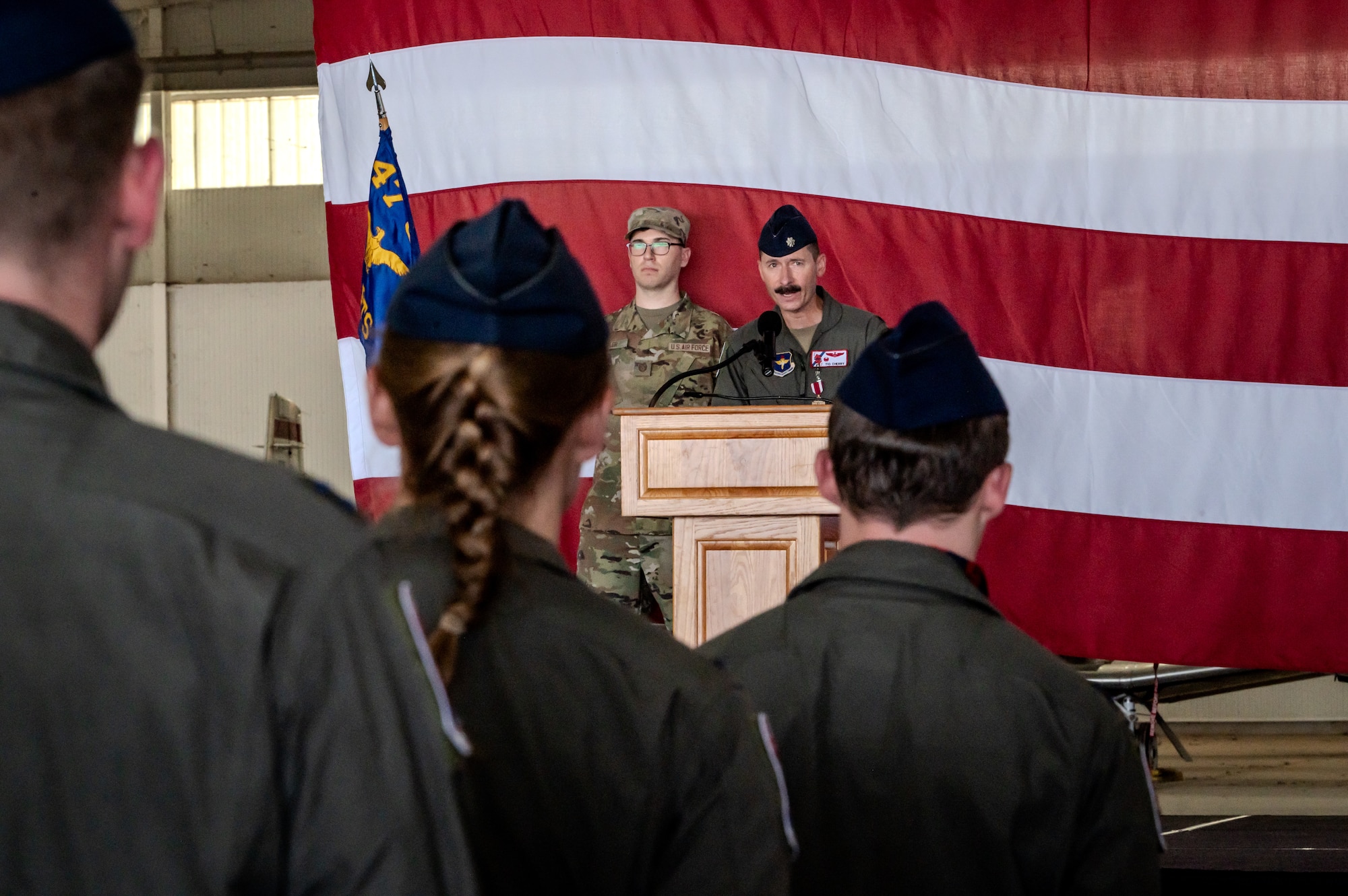 Airmen of the 434th Flying Training Squadron (FTS) gathered to bid farewell to Lt. Col. Christopher Cherry and welcome Lt. Col. Bendel Rushing as the new squadron commander during a change of command ceremony held here June 6, 2025.