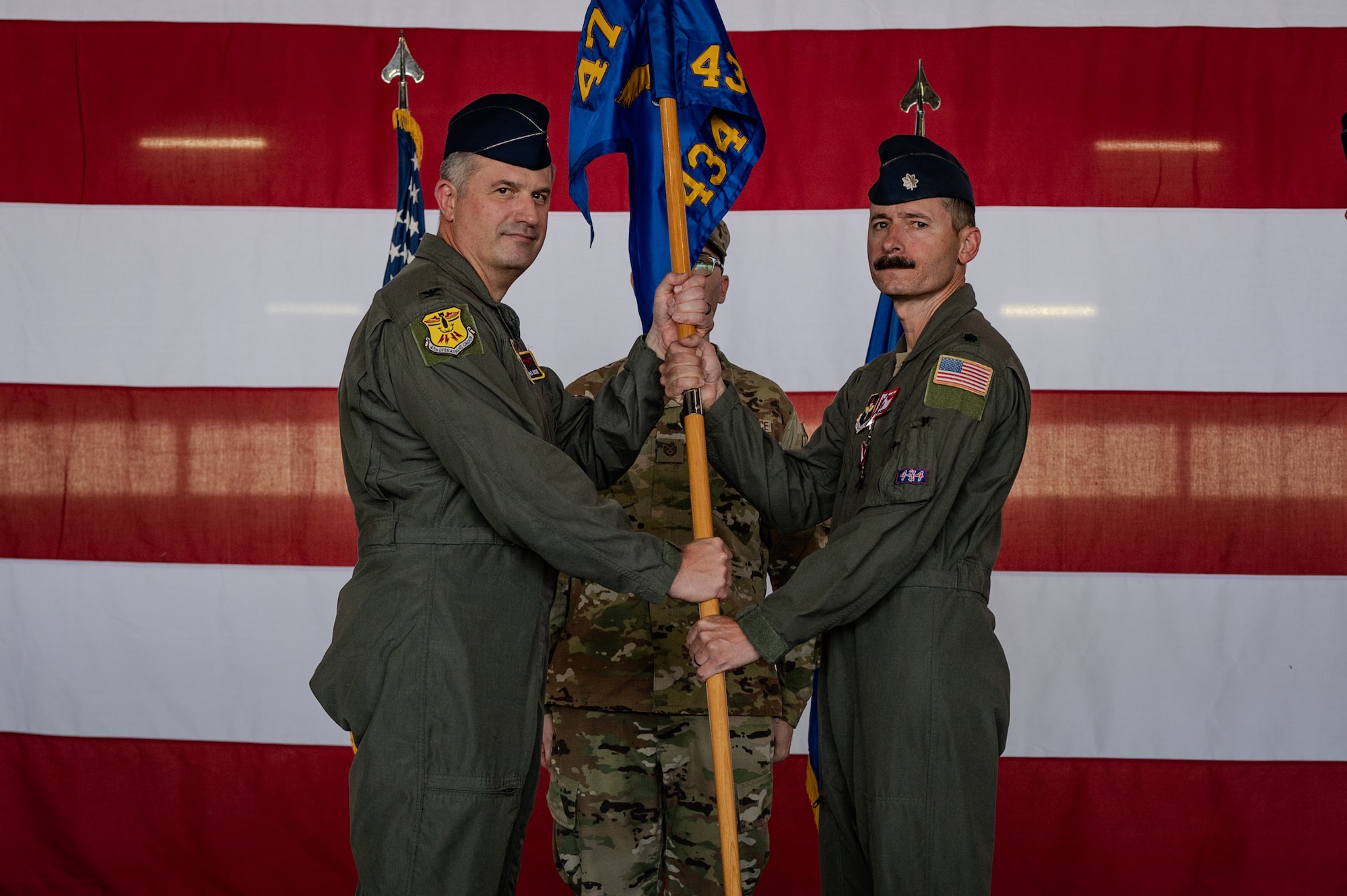 Airmen of the 434th Flying Training Squadron (FTS) gathered to bid farewell to Lt. Col. Christopher Cherry and welcome Lt. Col. Bendel Rushing as the new squadron commander during a change of command ceremony held here June 6, 2025.