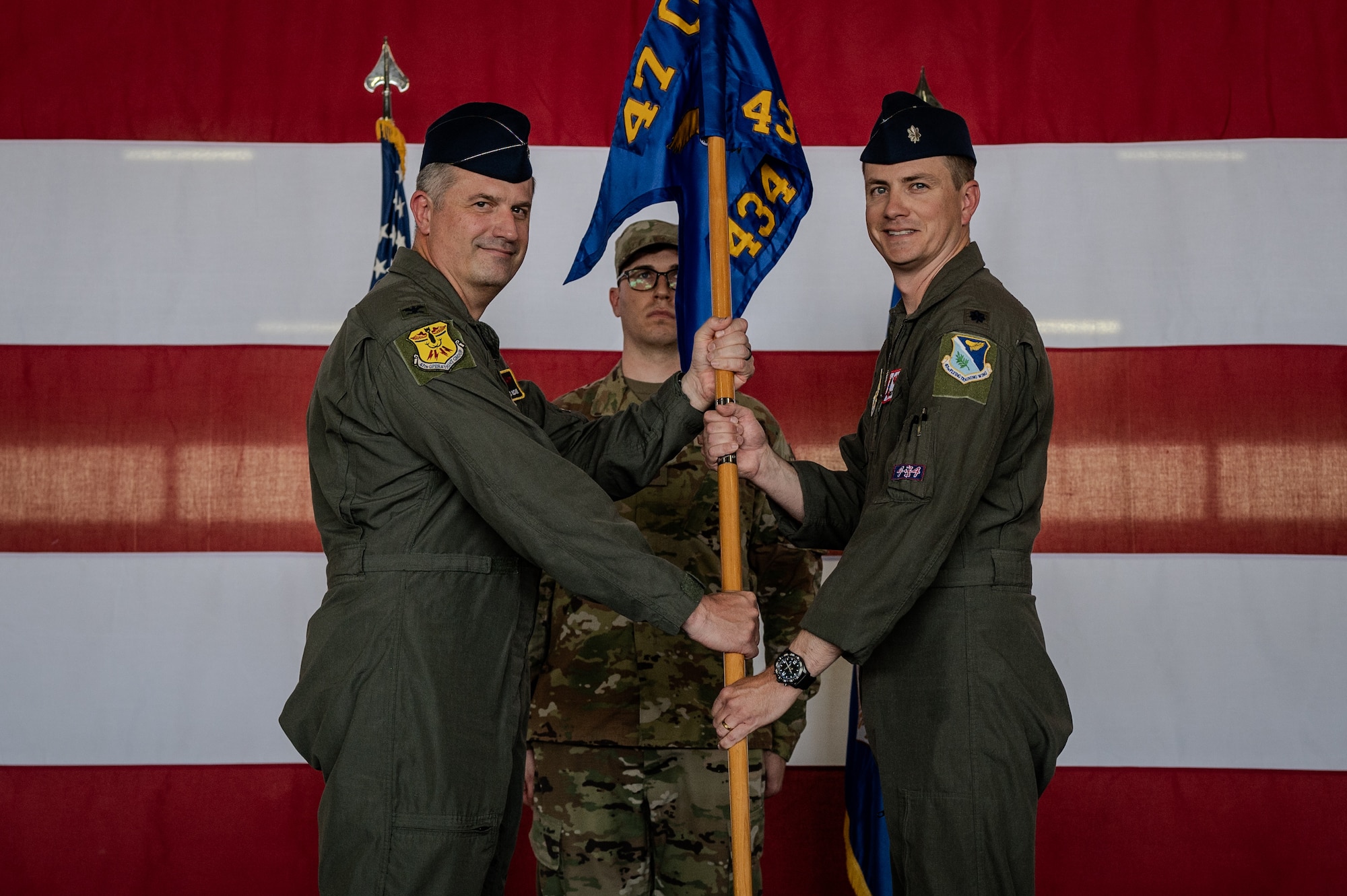 Airmen of the 434th Flying Training Squadron (FTS) gathered to bid farewell to Lt. Col. Christopher Cherry and welcome Lt. Col. Bendel Rushing as the new squadron commander during a change of command ceremony held here June 6, 2025.