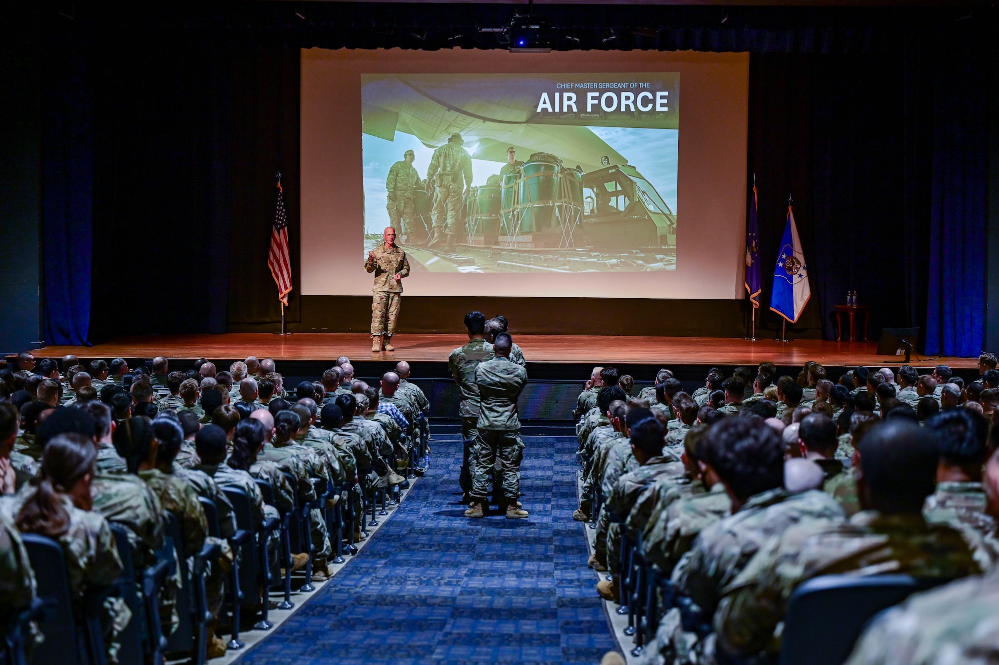 Chief Master Sgt. of the Air Force David Flosi answers a question at an all-call at Little Rock Air Force Base, Arkansas, June 6, 2025.