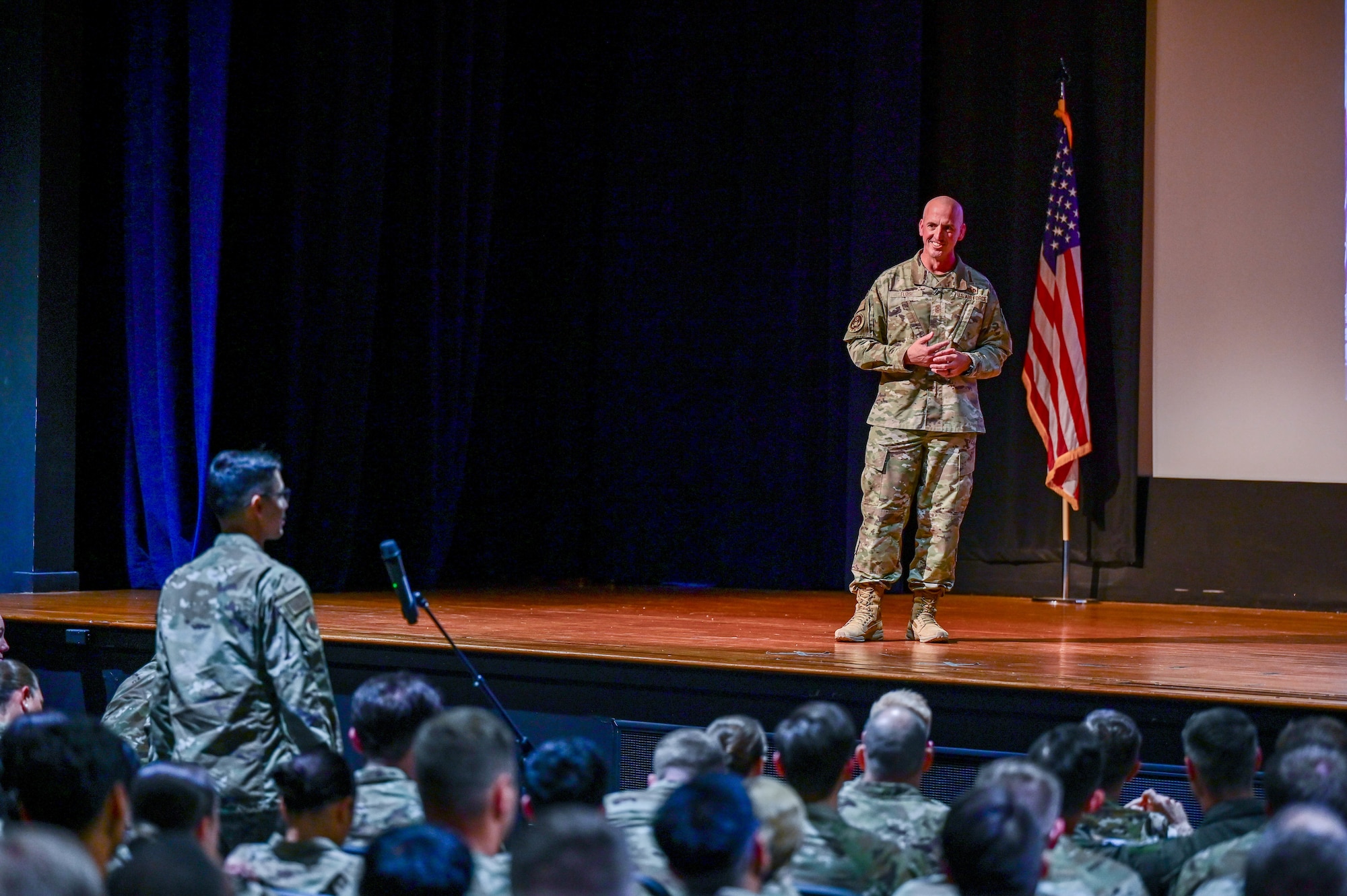 Chief Master Sgt. of the Air Force David Flosi answers a question at an all-call at Little Rock Air Force Base, Arkansas, June 6, 2025.