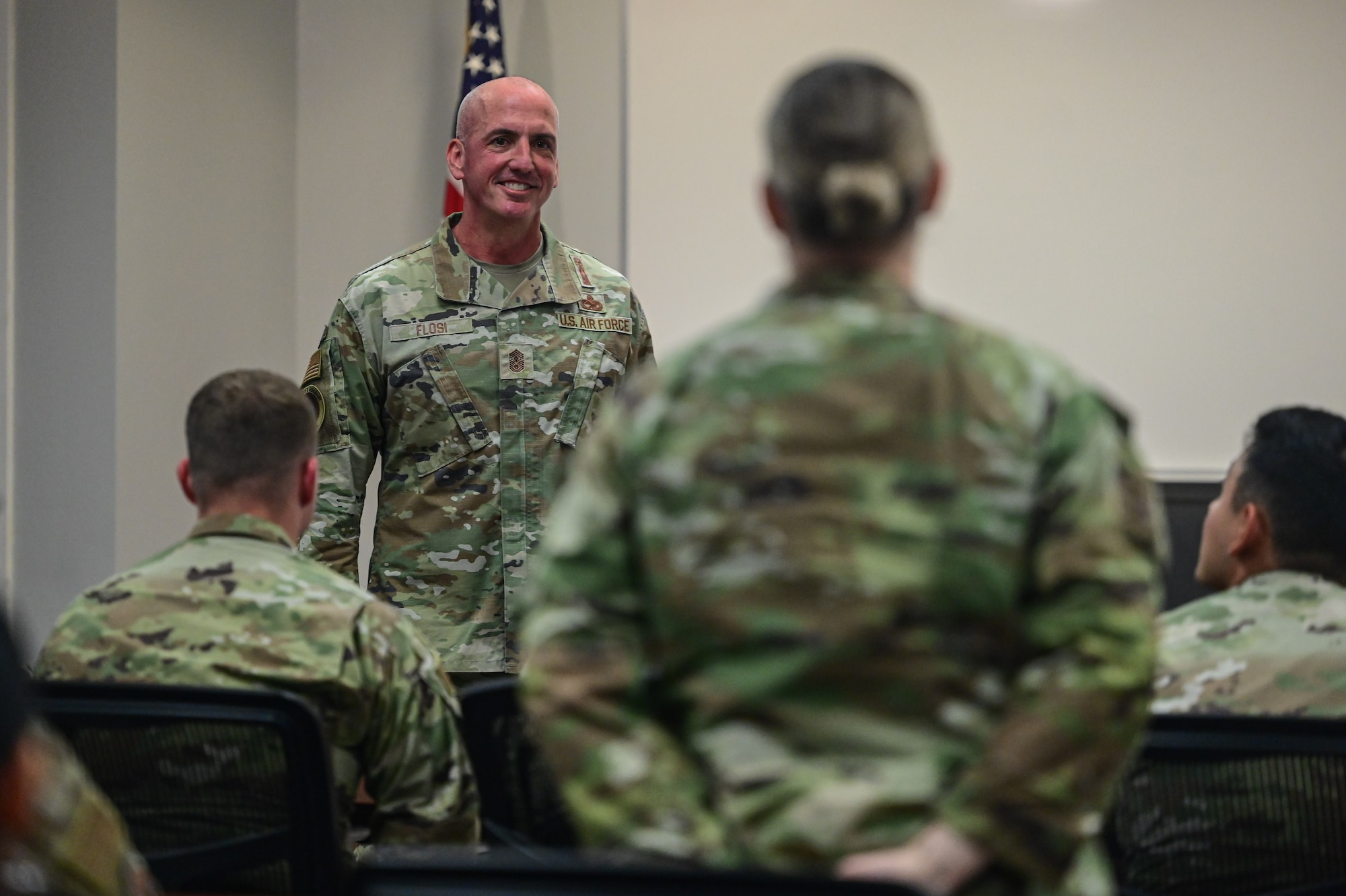 Chief Master Sgt. of the Air Force David Flosi answers a question during his visit at Little Rock Air Force Base, Arkansas, June 5, 2025.