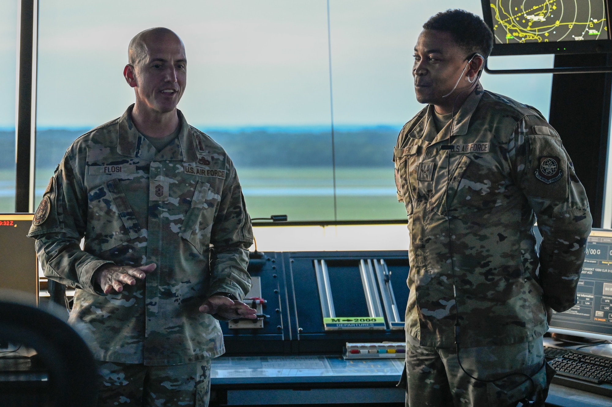 Chief Master Sgt. of the Air Force David Flosi speaks with Airmen from the 19th Operations Support Squadron during his visit to the air traffic control tower at Little Rock Air Force Base, Arkansas, June 5, 2025.