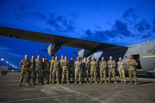 Chief Master Sgt. of the Air Force David Flosi poses for a group photo with Airmen from the 314th Aircraft Maintenance Squadron during his visit at Little Rock Air Force Base, Arkansas, June 5, 2025