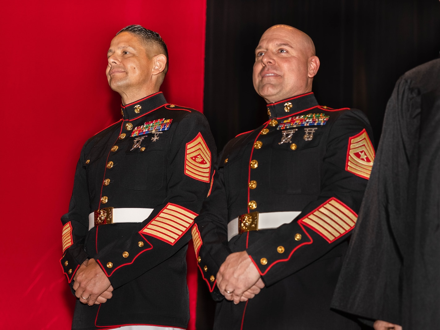 U.S. Marine Corps Sgt. Maj. Carlos Ruiz, sergeant major of the Marine Corps, left, and Sgt. Maj. Michael Brown, sergeant major of Marine Corps Base Quantico, attends the graduation of Quantico Middle/High School class of 2025 at Little Hall on MCB Quantico, Virginia, June 7, 2025. The Quantico Middle/High School graduation represents a major milestone in the lives of military families and their children on MCB Quantico. (U.S. Marine Corps photo by Lance Cpl. Harleigh Faulk)